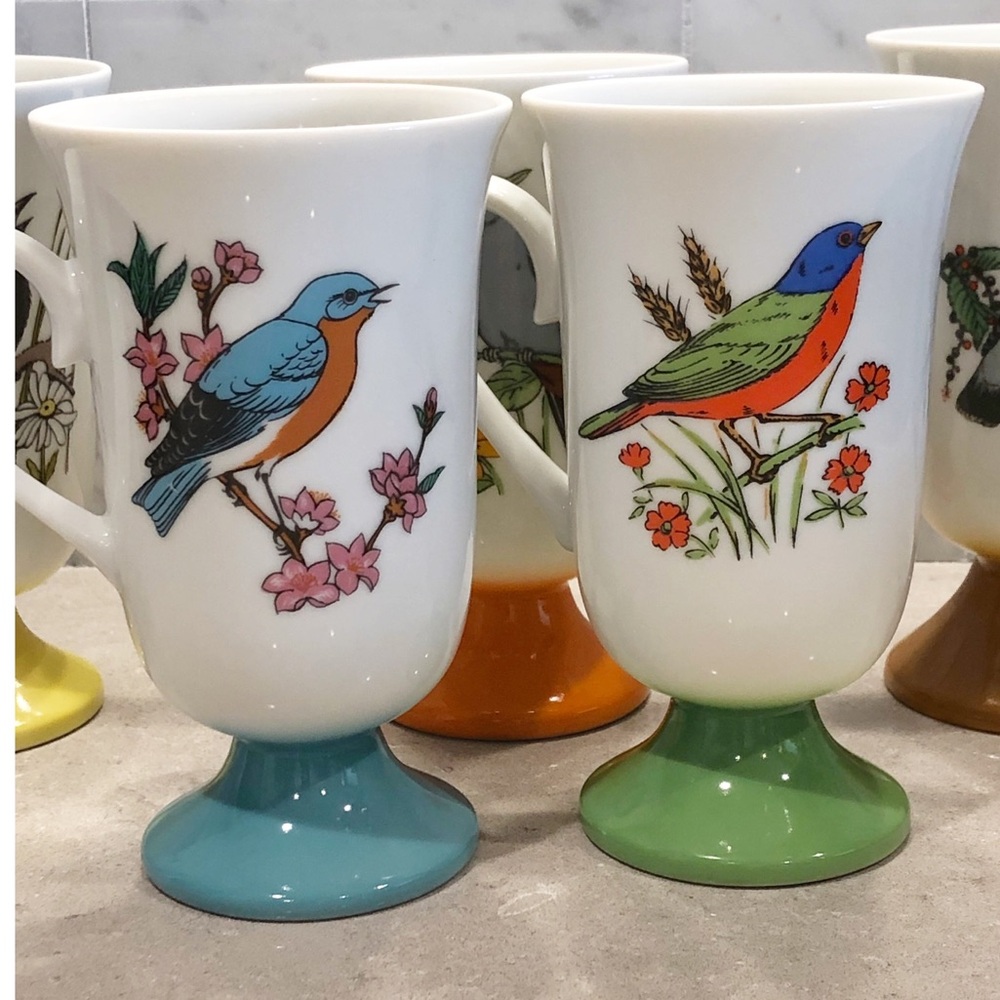 Mid Century Colorful Bird Design Ceramic Footed Mugs Set